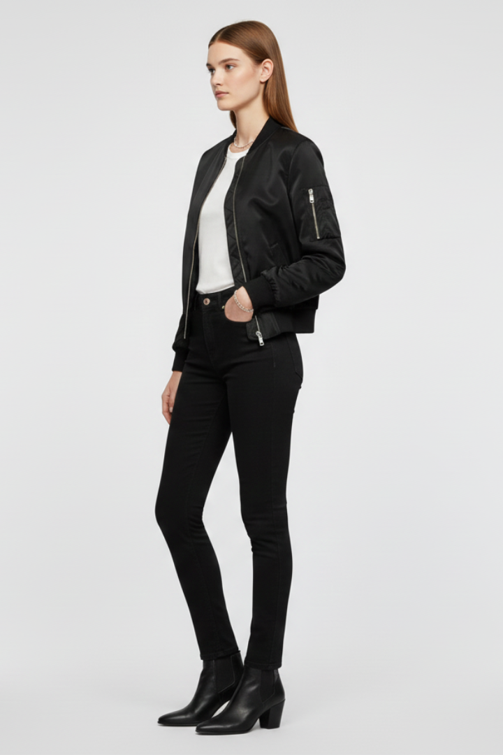 Dionne | Women’s Bomber Jacket with Zipper Closure and Ribbed Details