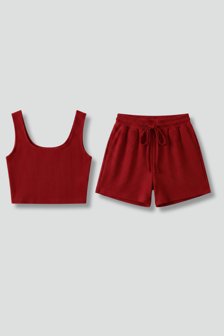 Dame croptop og shorts sæt med ærmeløst snit og elastik i taljen