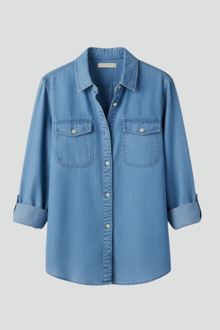 Dame denimskjorte med knapper foran og lange ærmer