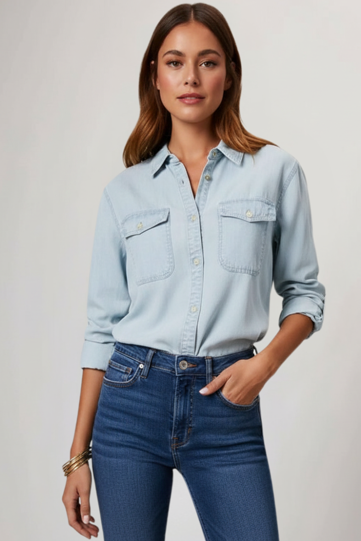 Dame denimskjorte med knapper foran og lange ærmer