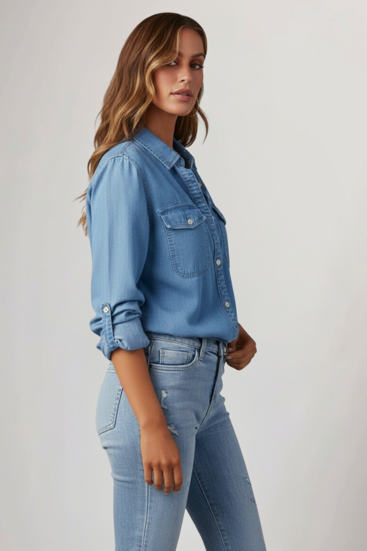 Dame denimskjorte med knapper foran og lange ærmer