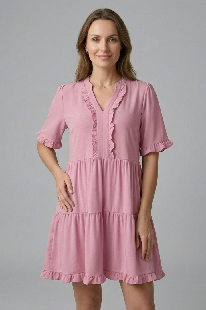 Damekjole med V Neck og Flæse Detalje
