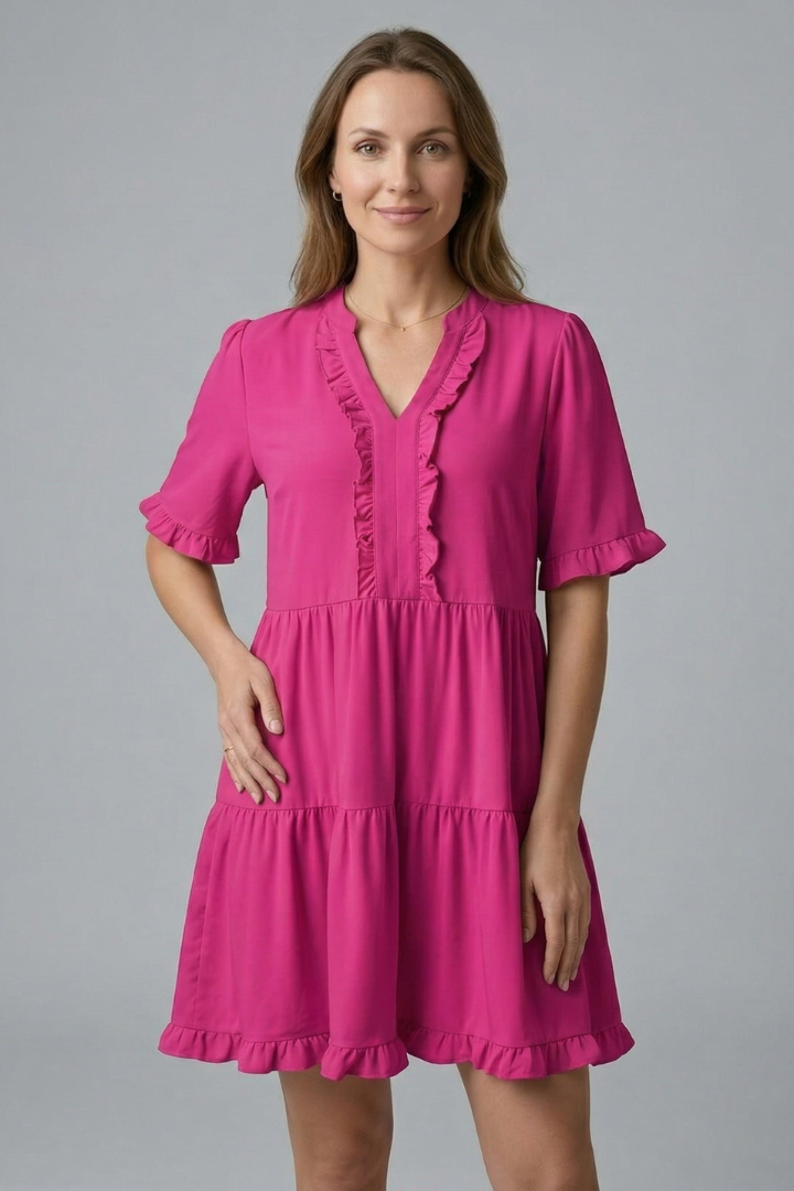 Damekjole med V Neck og Flæse Detalje