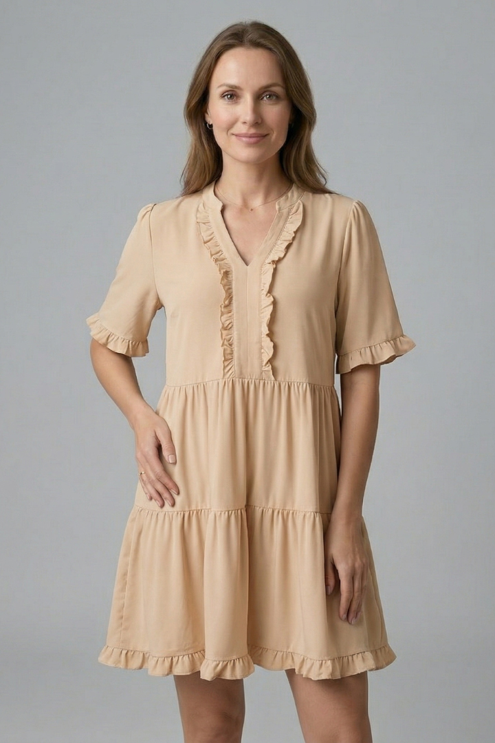 Damekjole med V Neck og Flæse Detalje
