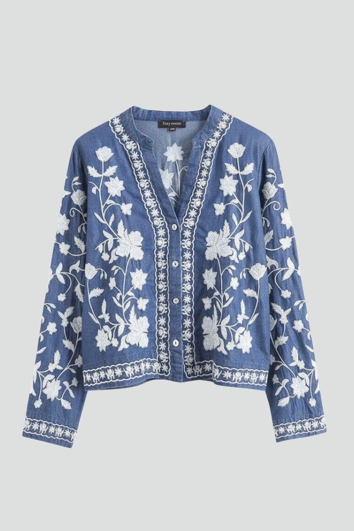 Dame Broderet Bluse med Floral Pattern og Lange ærmer