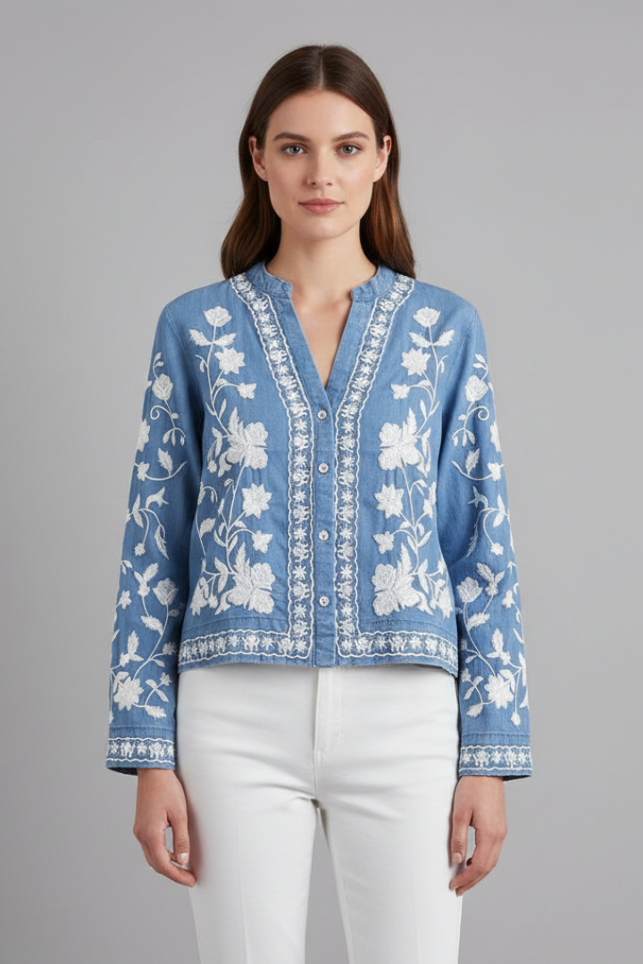 Dame Broderet Bluse med Floral Pattern og Lange ærmer