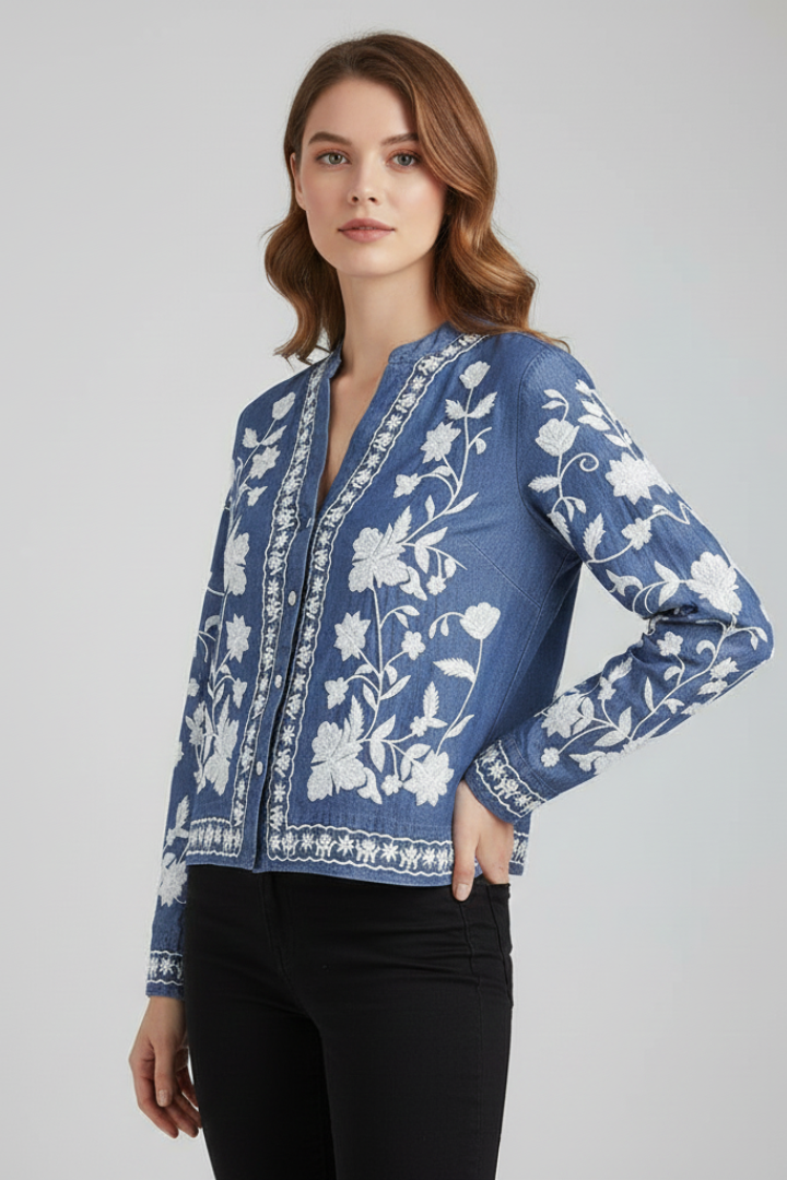 Dame Broderet Bluse med Floral Pattern og Lange ærmer