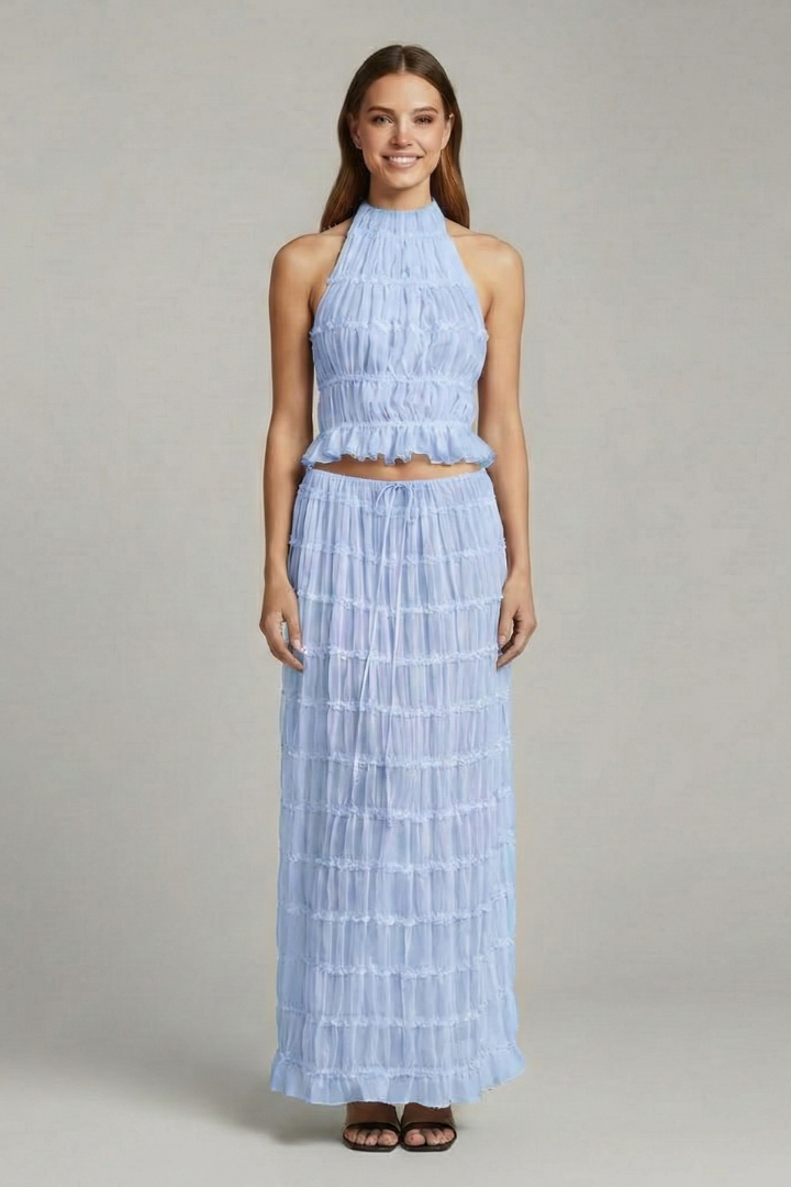 Women’s Halter Top and Maxi Skirt with Tie Back and Tiered Hem