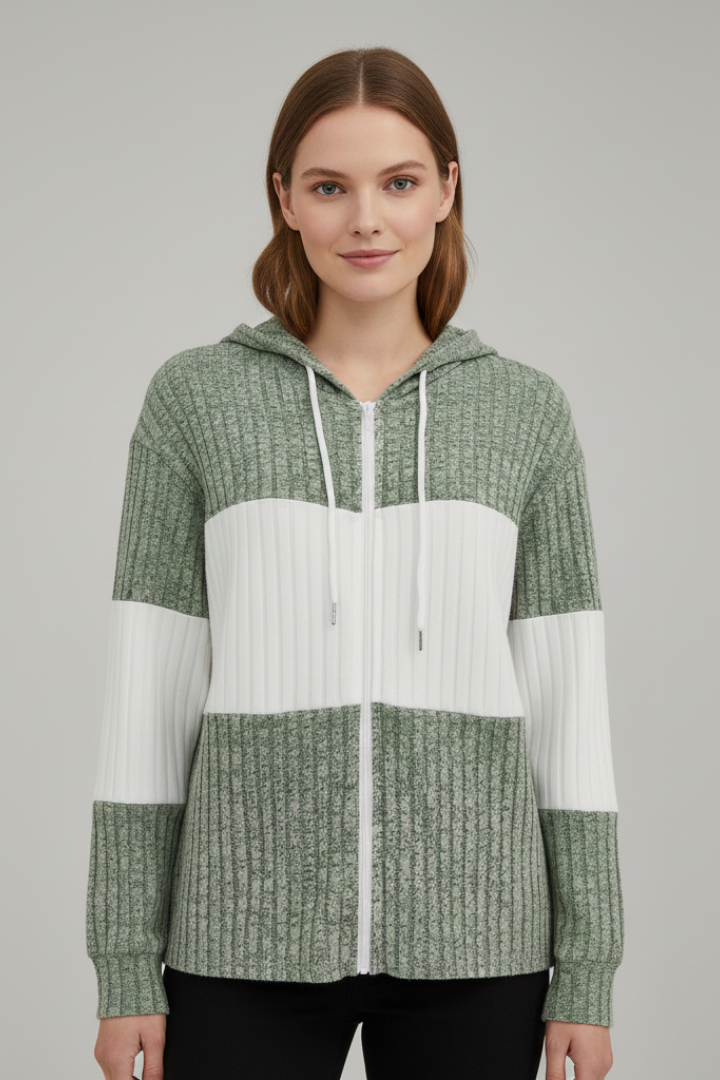 Eleanora | Women’s Hooded Jacket with Zipper and Ribbed Panels