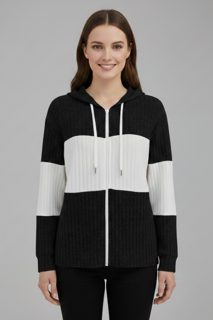 Eleanora | Women’s Hooded Jacket with Zipper and Ribbed Panels