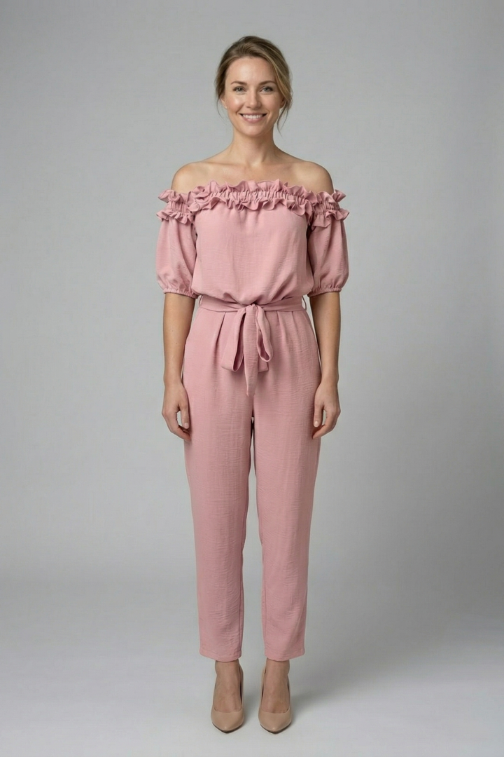 Damejumpsuit med Off-shoulder Udskæring og Talje Tie