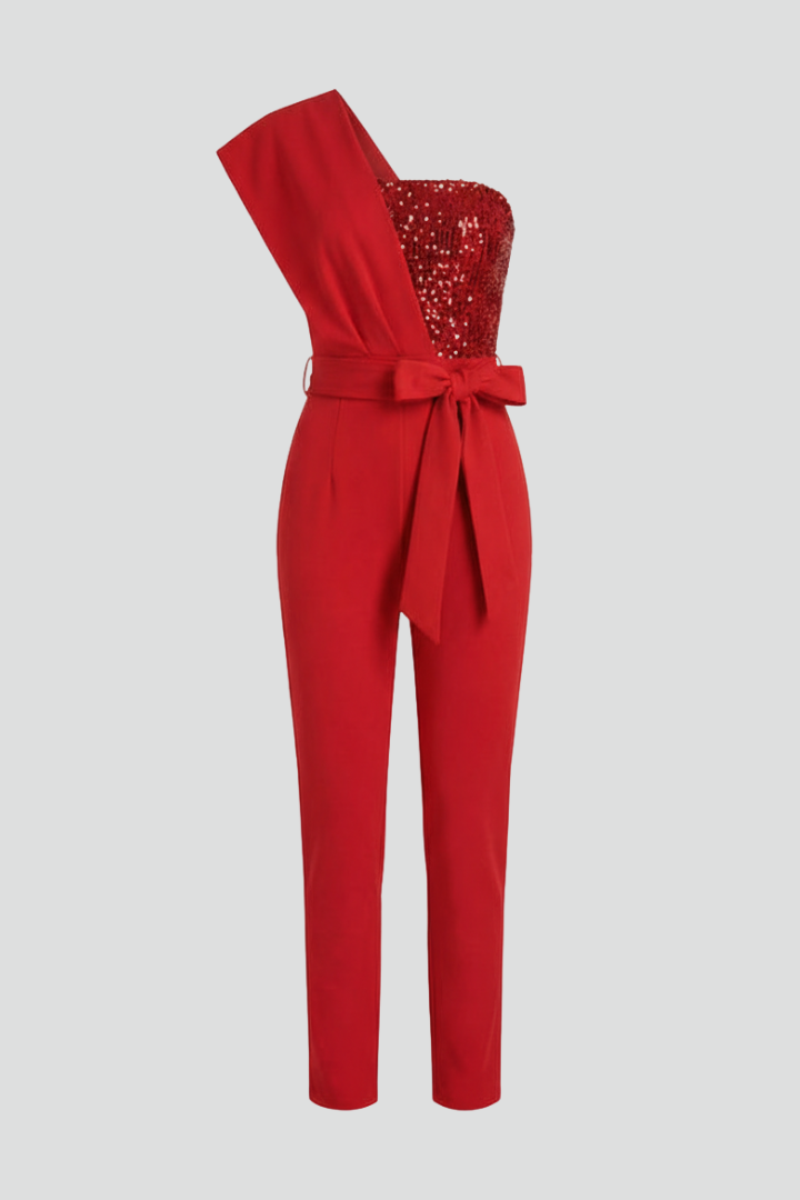 Damejumpsuit med Enkelt skulder Udskæring og Tied Talje