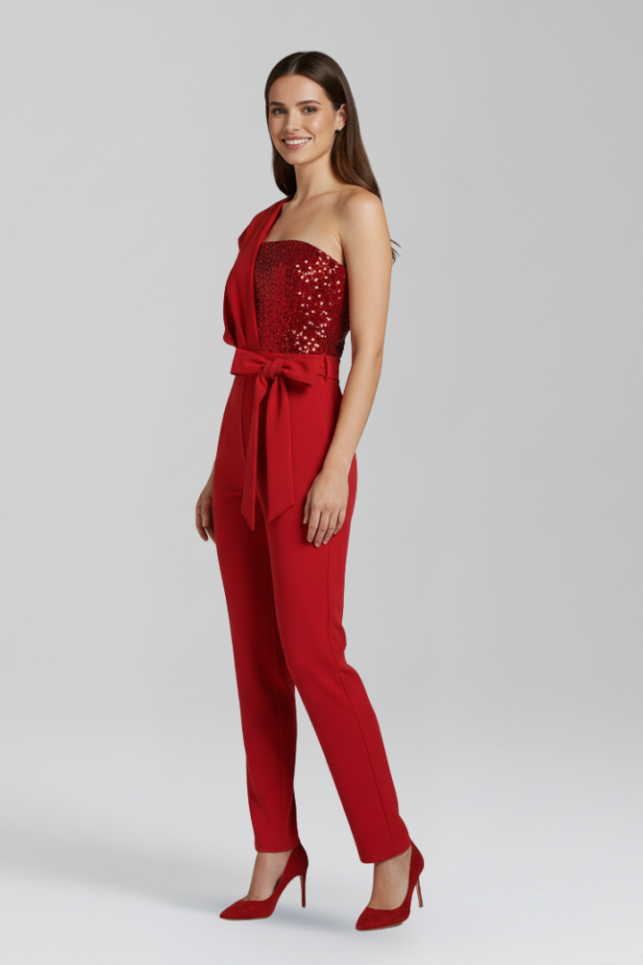 Damejumpsuit med Enkelt skulder Udskæring og Tied Talje