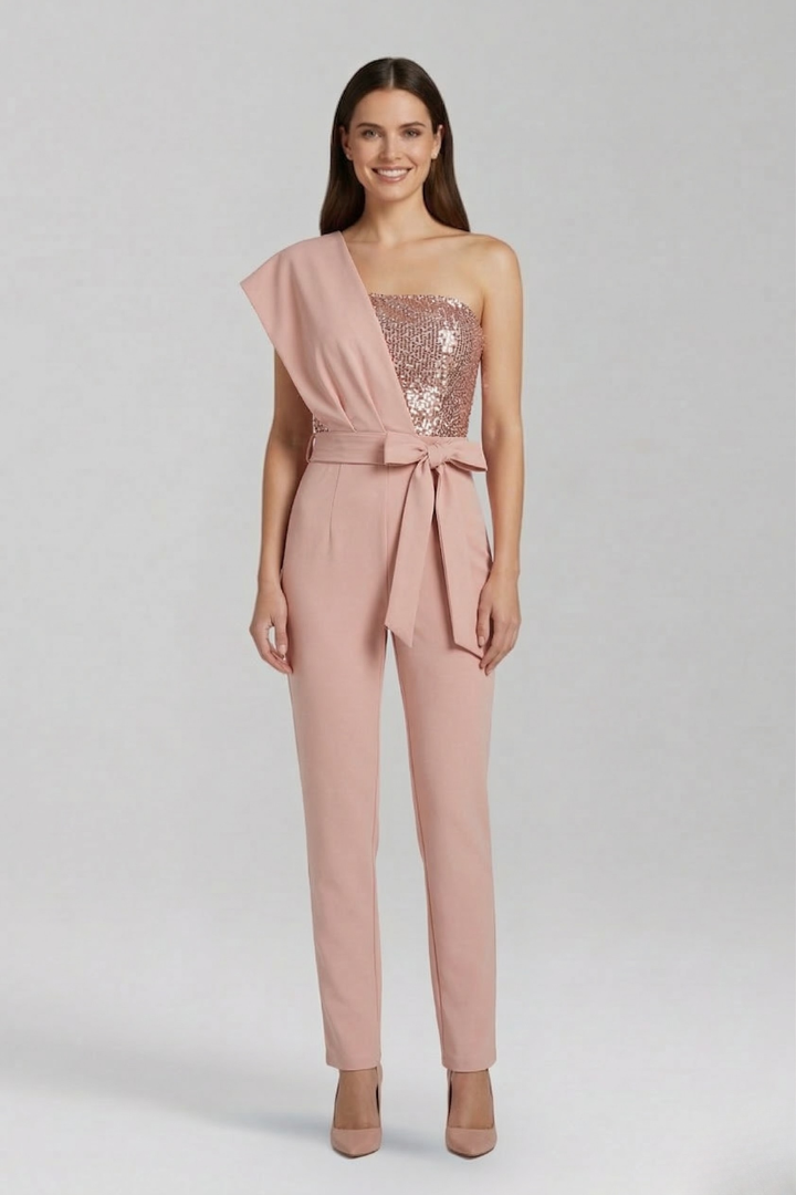 Damejumpsuit med Enkelt skulder Udskæring og Tied Talje