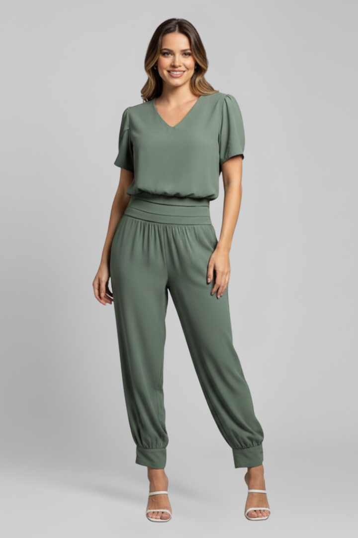 Damejumpsuit med V Udskæring og Elastik i taljen