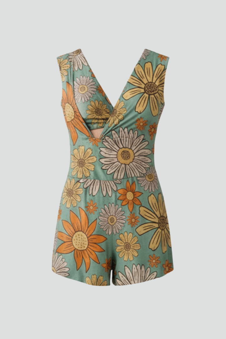 Damejumpsuit med V Udskæring og Blomstret Overflade