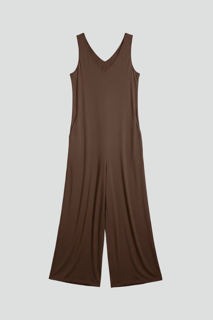 Dame jumpsuit med V-udskæring og ærmeløst snit