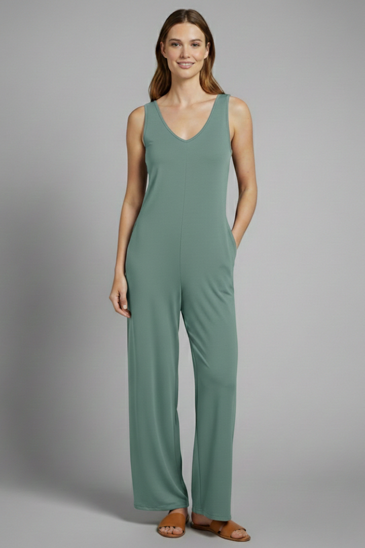 Dame jumpsuit med V-udskæring og ærmeløst snit
