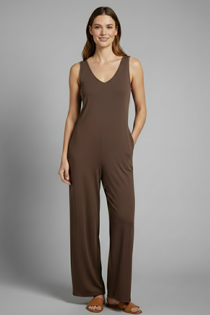 Dame jumpsuit med V-udskæring og ærmeløst snit