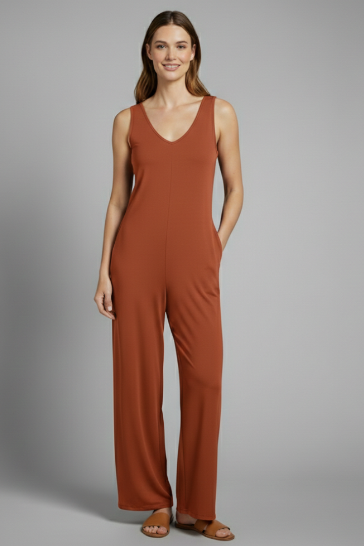 Dame jumpsuit med V-udskæring og ærmeløst snit