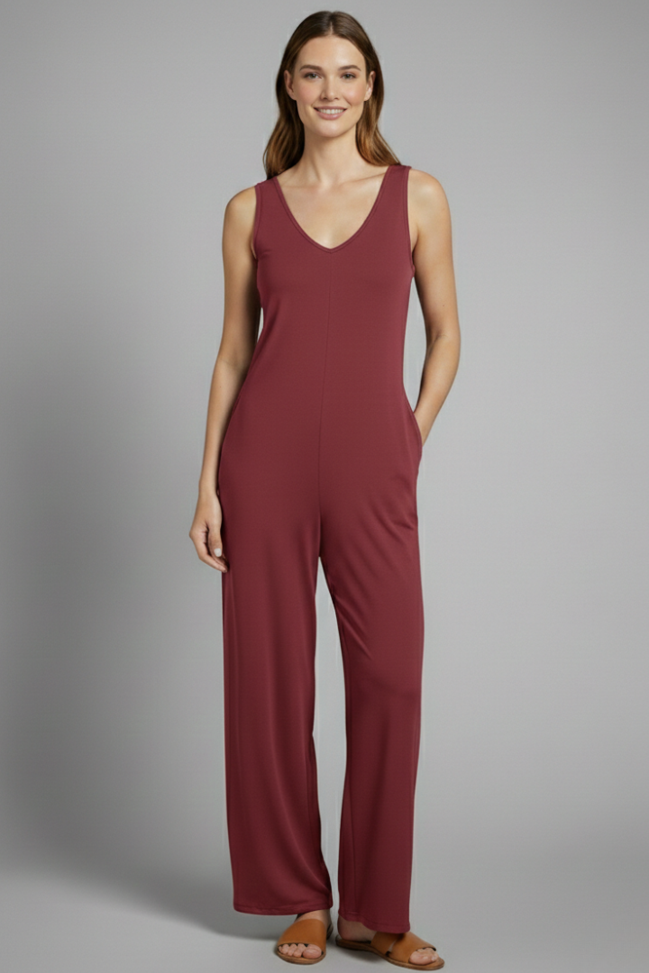 Dame jumpsuit med V-udskæring og ærmeløst snit