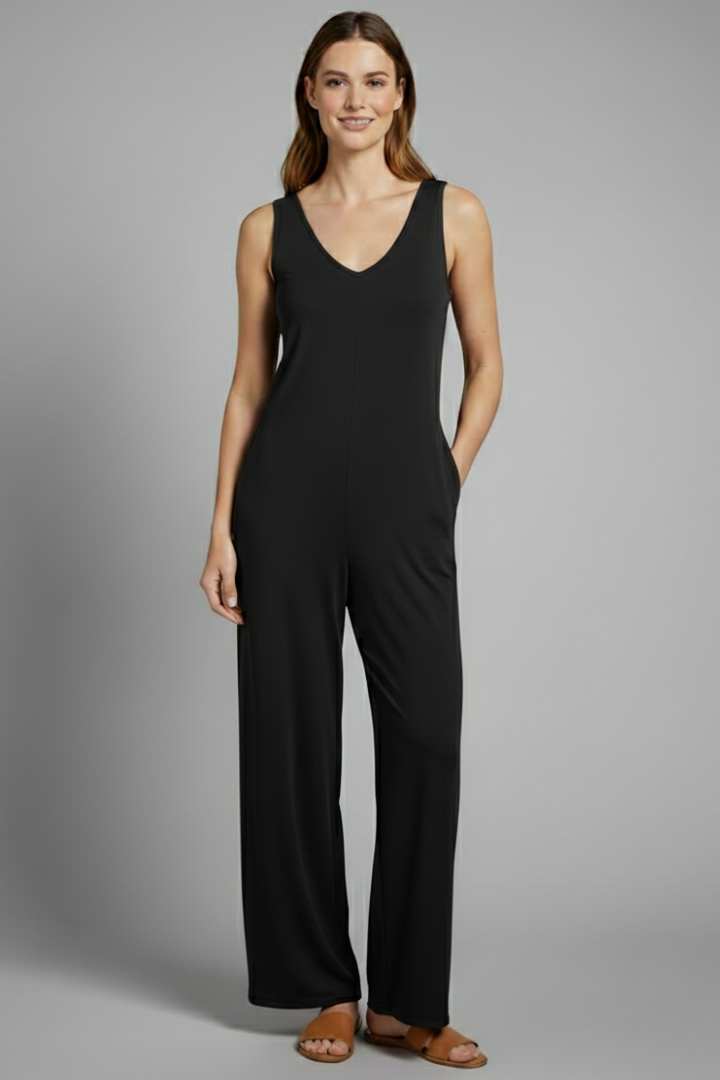 Dame jumpsuit med V-udskæring og ærmeløst snit