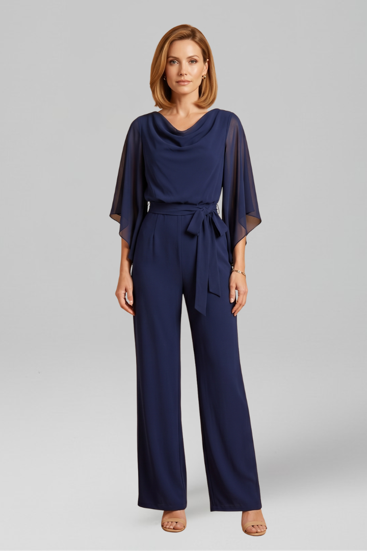 Dame jumpsuit med V-udskæring og bindebånd i taljen