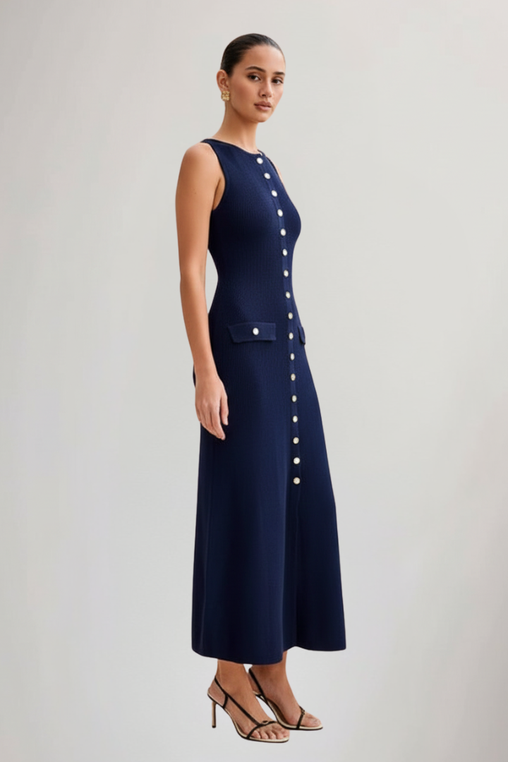 Dame Knit Maxikjole med Ærmeløs Cut og Front Knapper