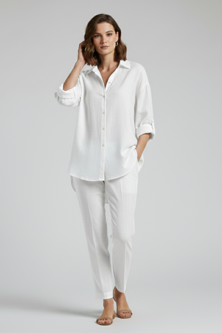 Dame Long Bluse med Knaplukning og Afslappet Form