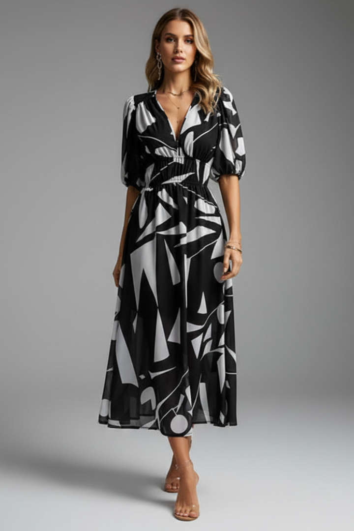 Women’s Midi Dress with Puff Sleeves and Floral Print