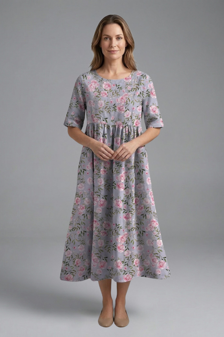 Women’s Midi Dress with Round Neck and Floral Print