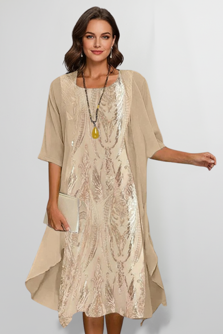 Midikleid für Damen mit Rundhalsausschnitt & kurzen Ärmeln – Elegantes Tages- & Anlasskleid