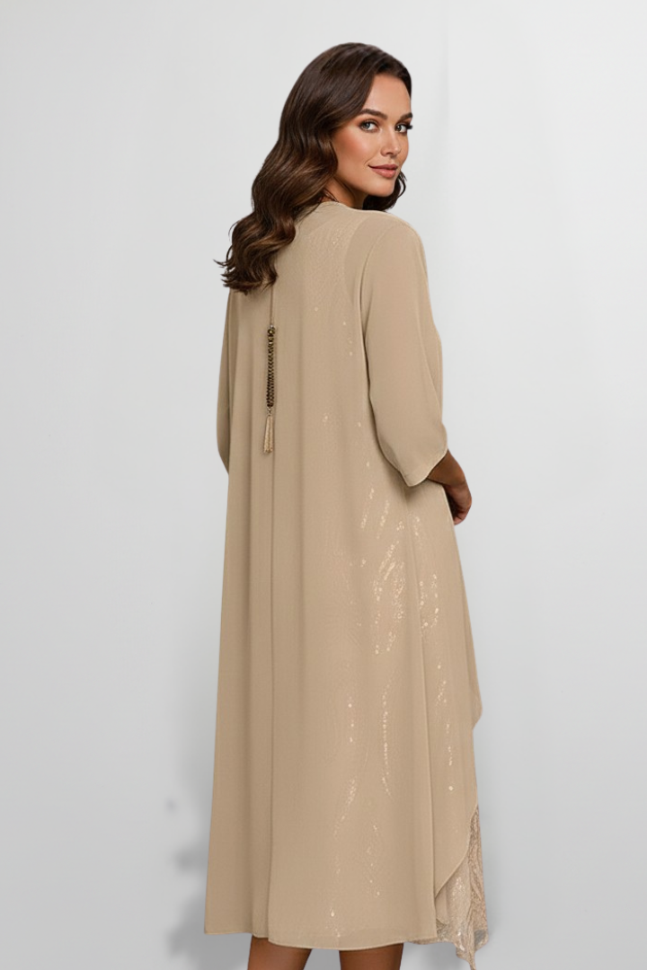 Midikleid für Damen mit Rundhalsausschnitt & kurzen Ärmeln – Elegantes Tages- & Anlasskleid