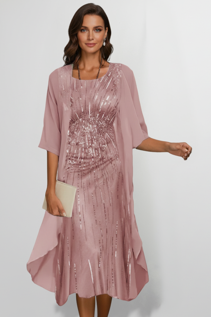 Midikleid für Damen mit Rundhalsausschnitt & kurzen Ärmeln – Elegantes Tages- & Anlasskleid
