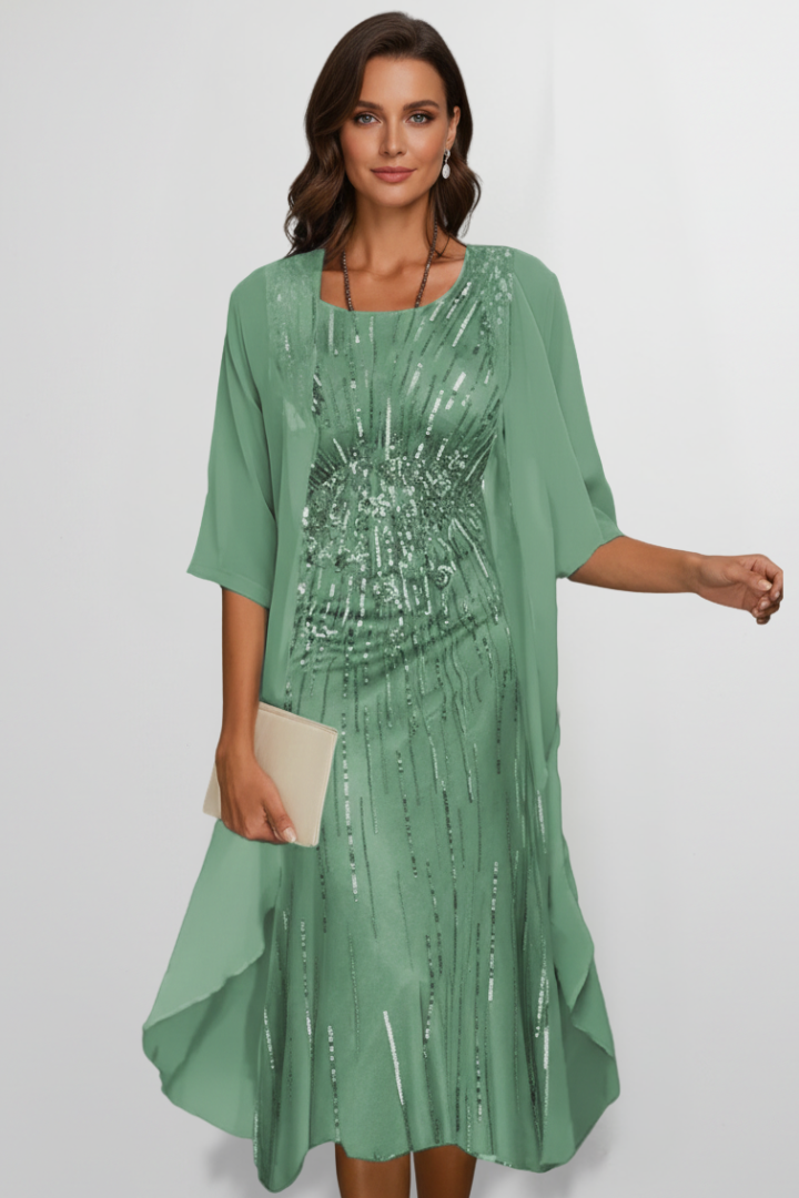 Midikleid für Damen mit Rundhalsausschnitt & kurzen Ärmeln – Elegantes Tages- & Anlasskleid