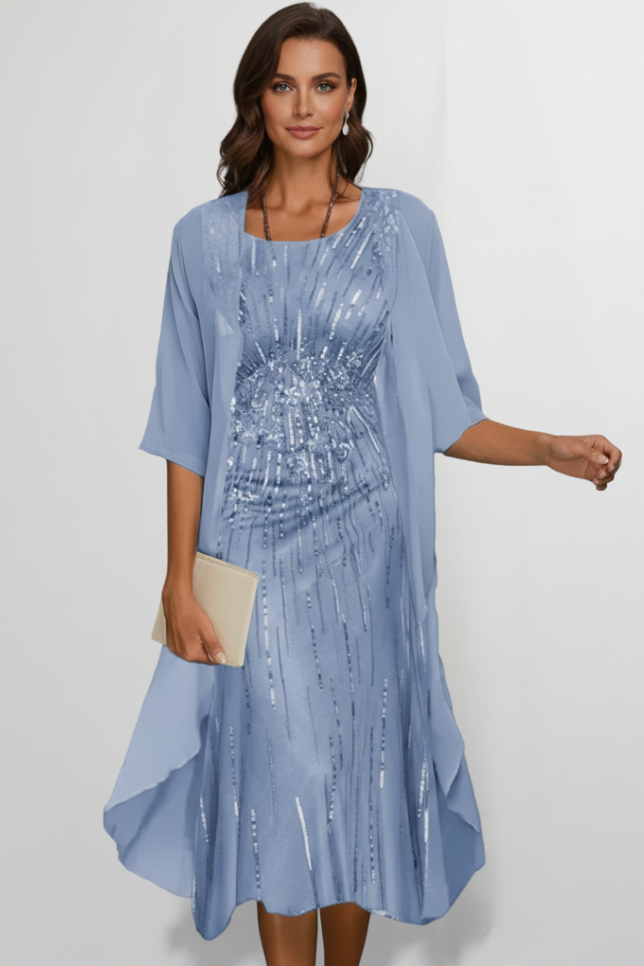 Midikleid für Damen mit Rundhalsausschnitt & kurzen Ärmeln – Elegantes Tages- & Anlasskleid