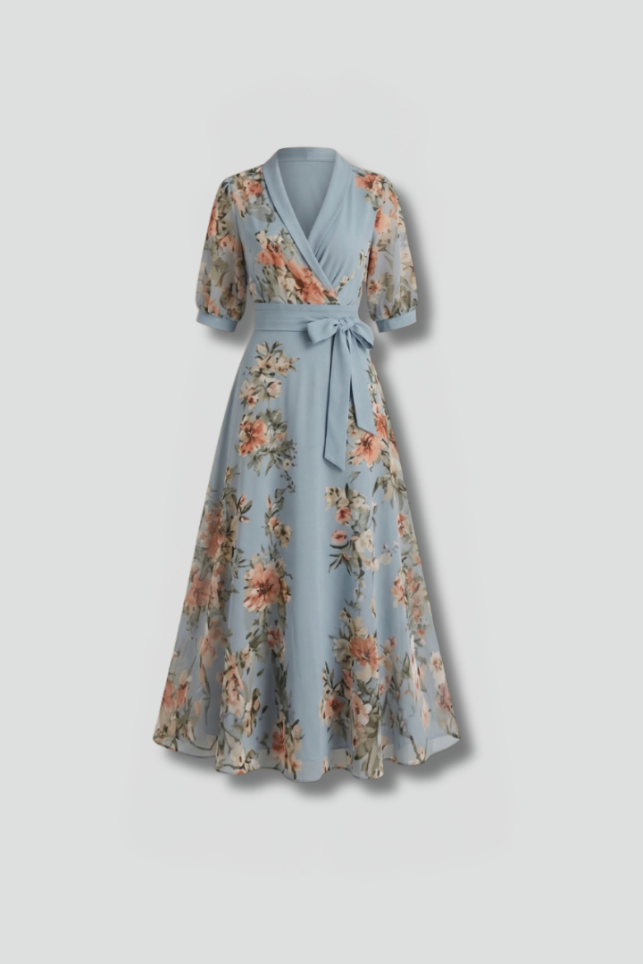 Damen Midikleid mit Blumenmuster & V-Ausschnitt – Elegantes Sommer-Anlasskleid