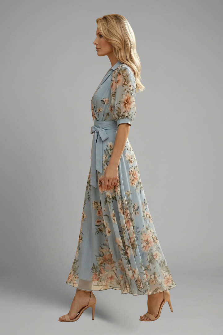 Damen Midikleid mit Blumenmuster & V-Ausschnitt – Elegantes Sommer-Anlasskleid