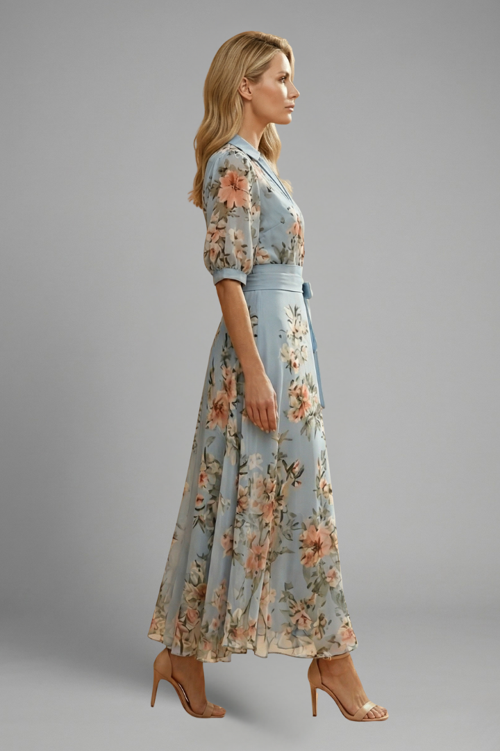 Damen Midikleid mit Blumenmuster & V-Ausschnitt – Elegantes Sommer-Anlasskleid
