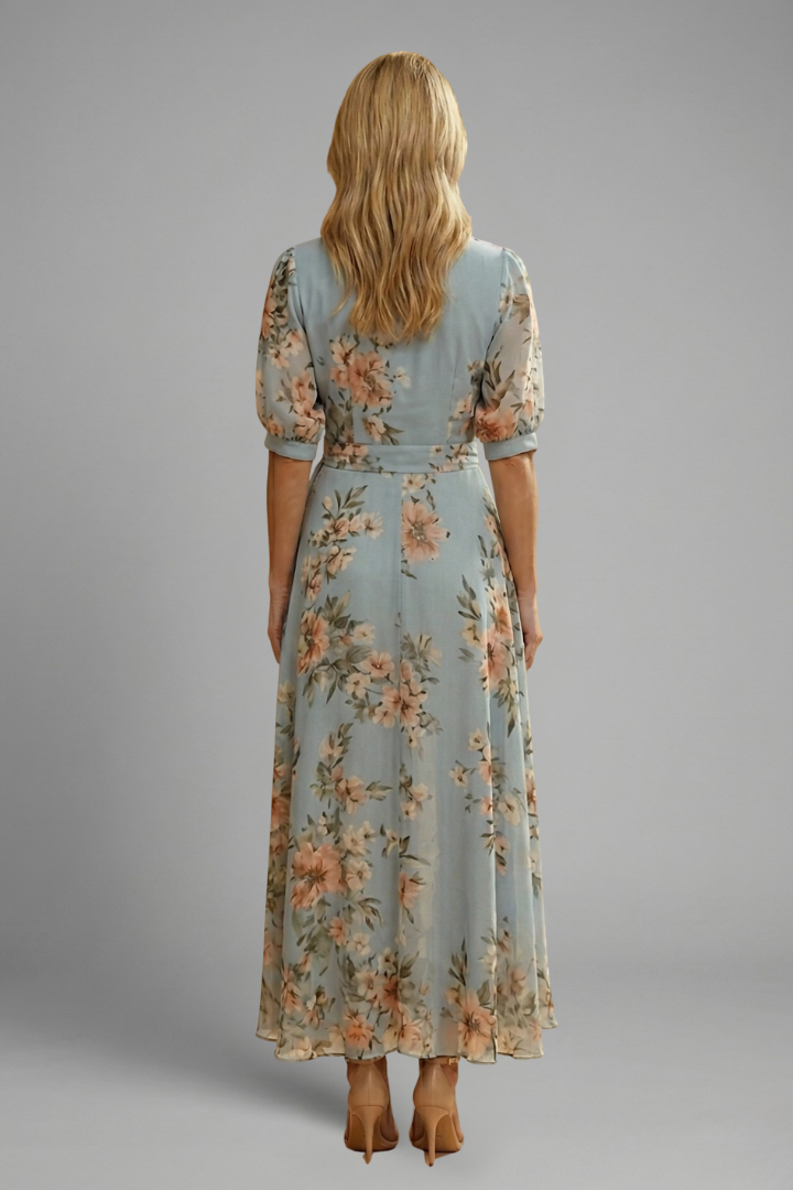Damen Midikleid mit Blumenmuster & V-Ausschnitt – Elegantes Sommer-Anlasskleid
