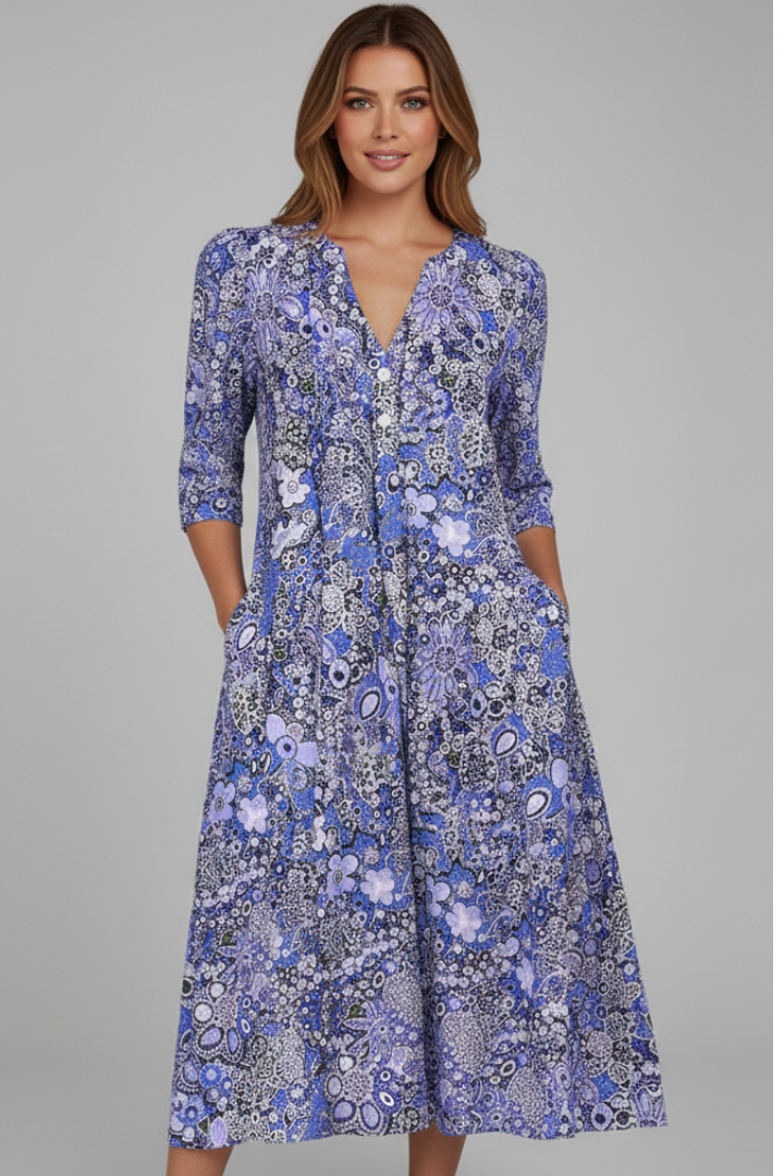 Damen Midikleid mit V-Ausschnitt & 3/4-Ärmeln – Elegantes Anlasskleid