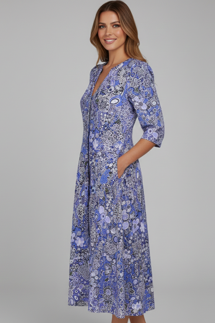 Damen Midikleid mit V-Ausschnitt & 3/4-Ärmeln – Elegantes Anlasskleid