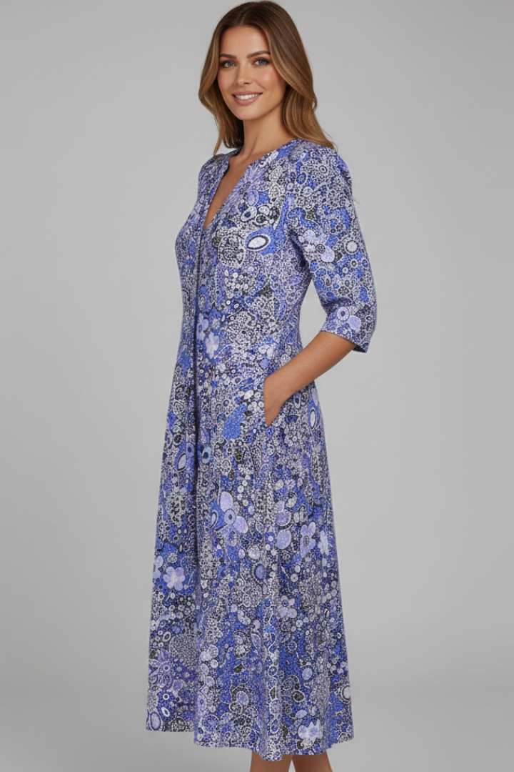 Damen Midikleid mit V-Ausschnitt & 3/4-Ärmeln – Elegantes Anlasskleid