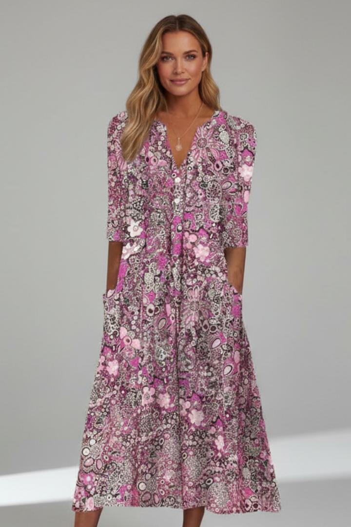 Damen Midikleid mit V-Ausschnitt & 3/4-Ärmeln – Elegantes Anlasskleid
