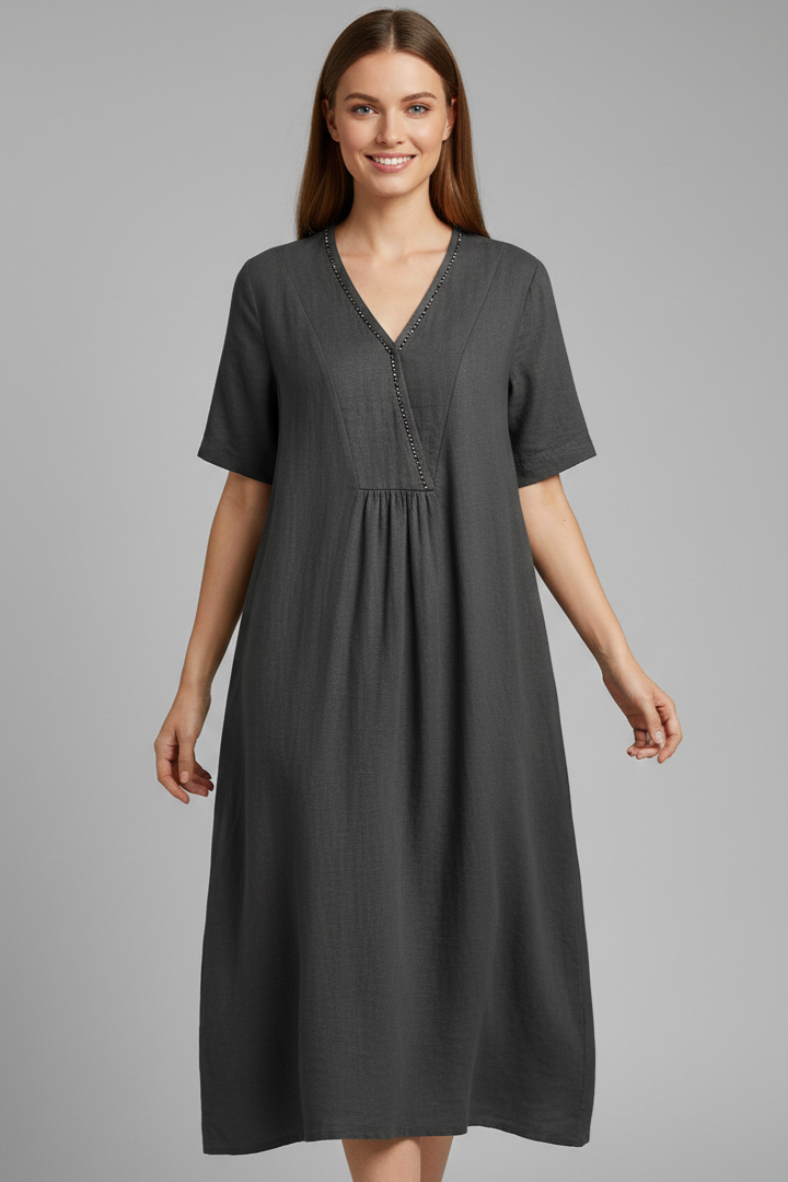 Dame Midikjole med V Neck og Korte ærmer