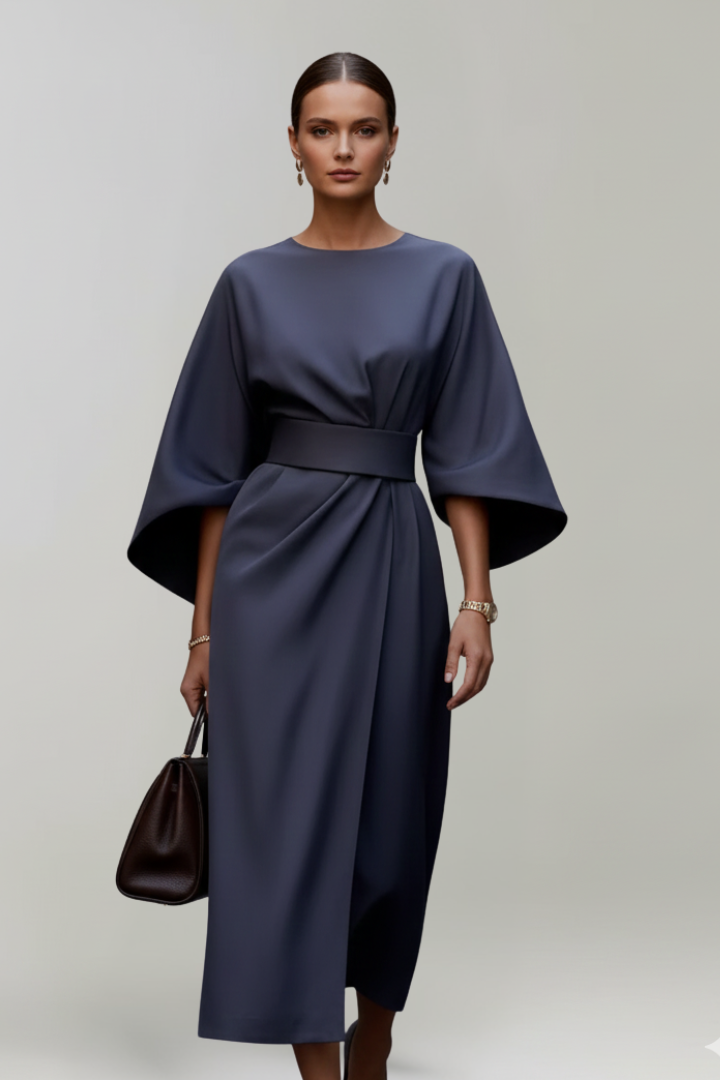 Midikleid für Damen mit weiten Ärmeln & Taillengürtel – Elegantes fliessendes Anlasskleid