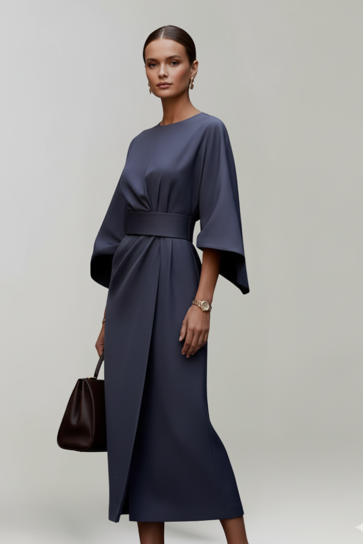 Midikleid für Damen mit weiten Ärmeln & Taillengürtel – Elegantes fliessendes Anlasskleid