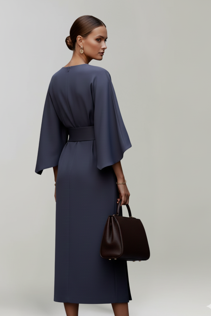 Midikleid für Damen mit weiten Ärmeln & Taillengürtel – Elegantes fliessendes Anlasskleid