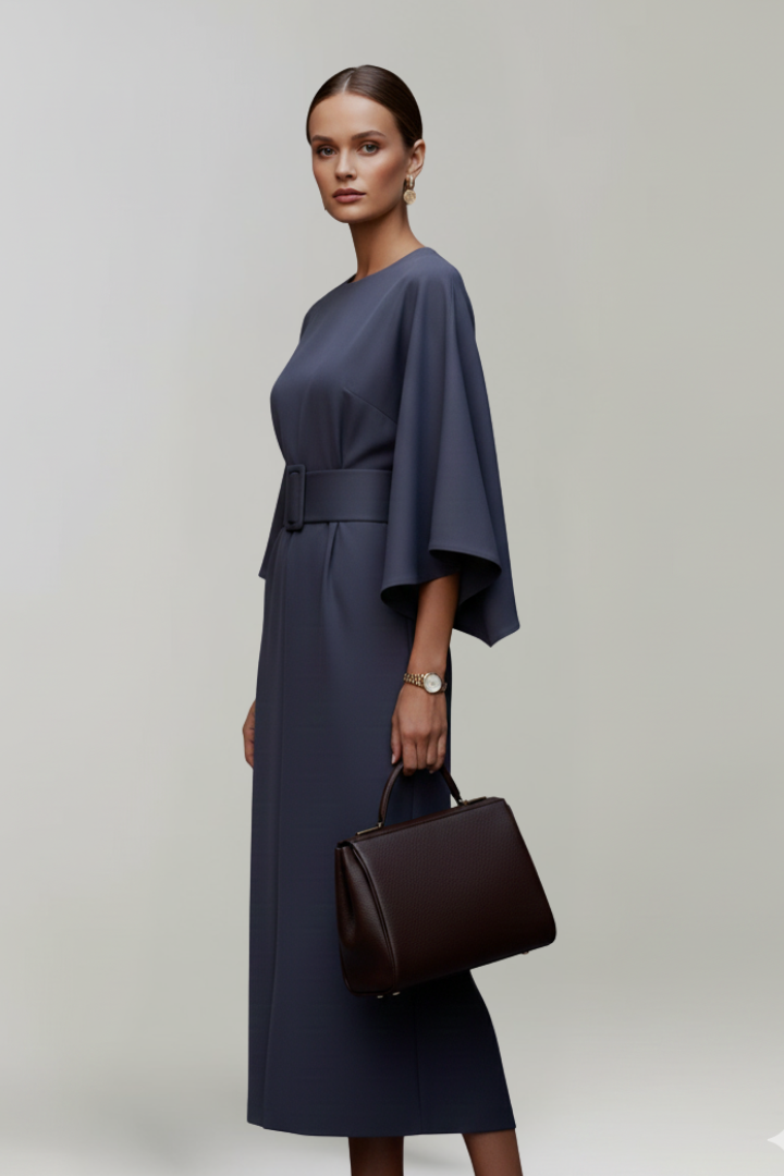 Midikleid für Damen mit weiten Ärmeln & Taillengürtel – Elegantes fliessendes Anlasskleid