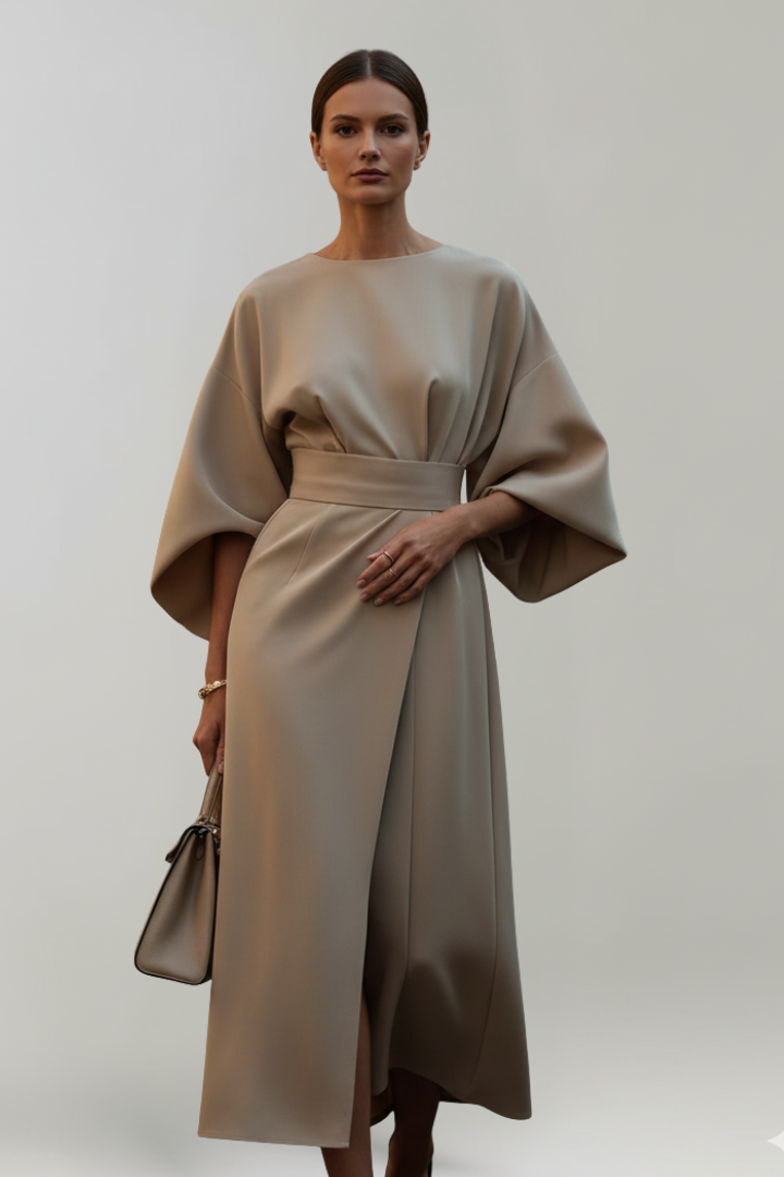 Midikleid für Damen mit weiten Ärmeln & Taillengürtel – Elegantes fliessendes Anlasskleid